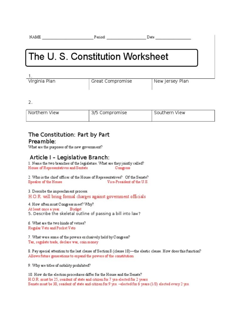 Constitution Worksheet Key | Article One Of The United States