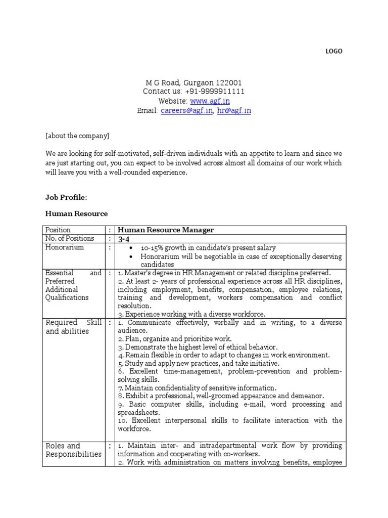 JD Format PDF Employment Human Resource Management
