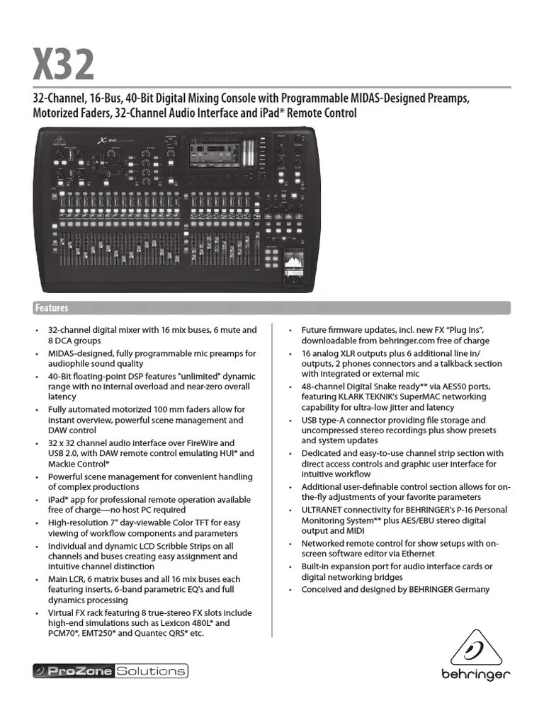Mesa Digital Behringer x32, Behringer x32 - Info Sheet en | PDF