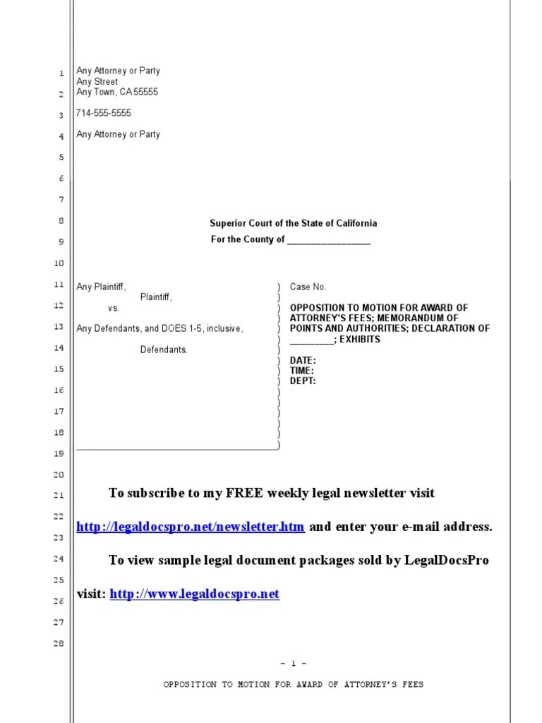 Sample Opposition to Motion for Award of Attorney�s Fees in California