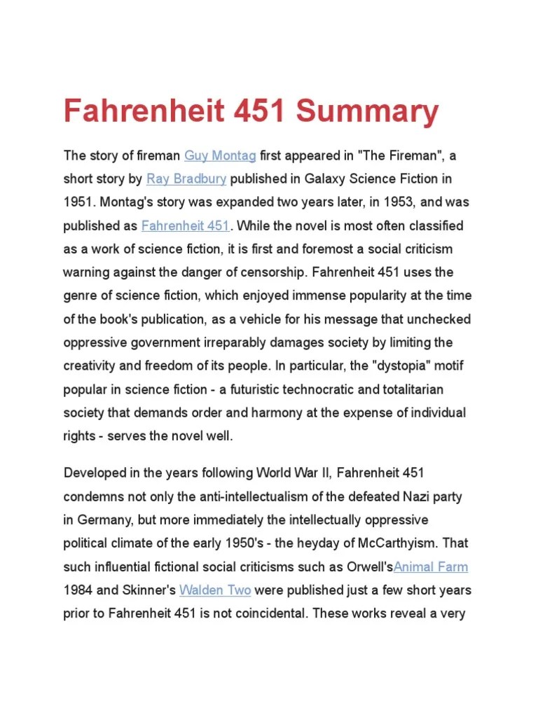 Fahrenheit 451 Summary Fiction & Literature