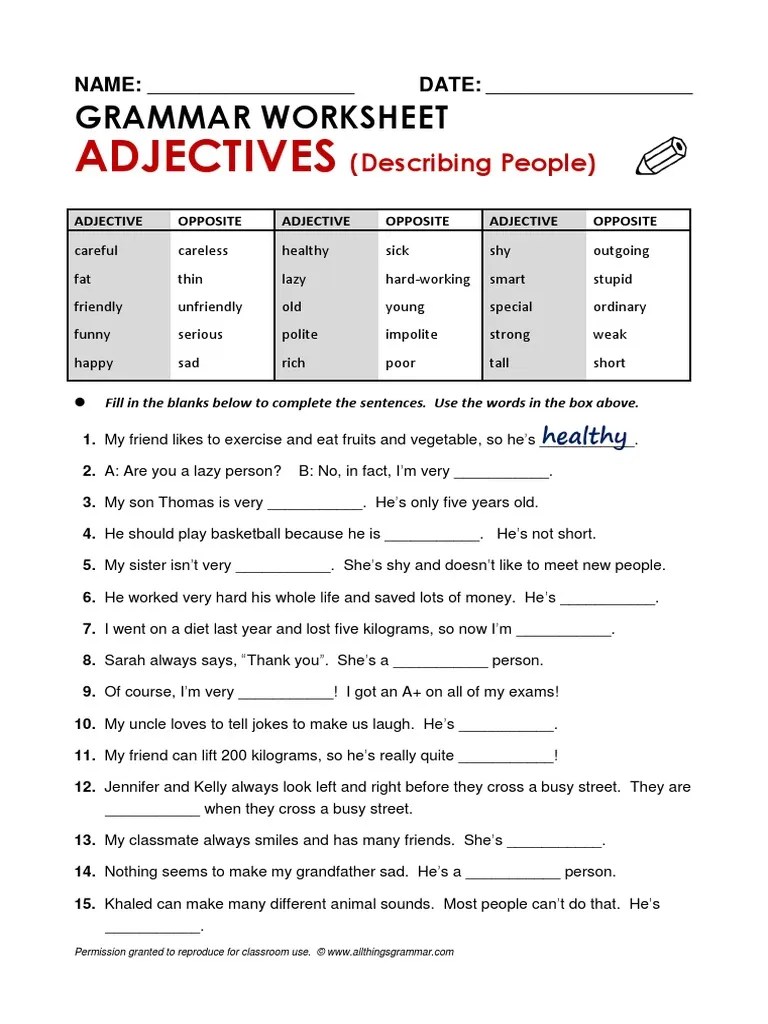 Worksheet Adjectives