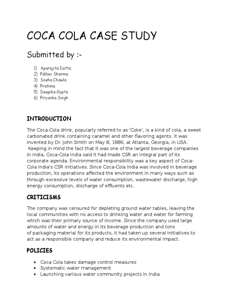 COCA COLA Case Study Summary PDF Reputation Corporate Social