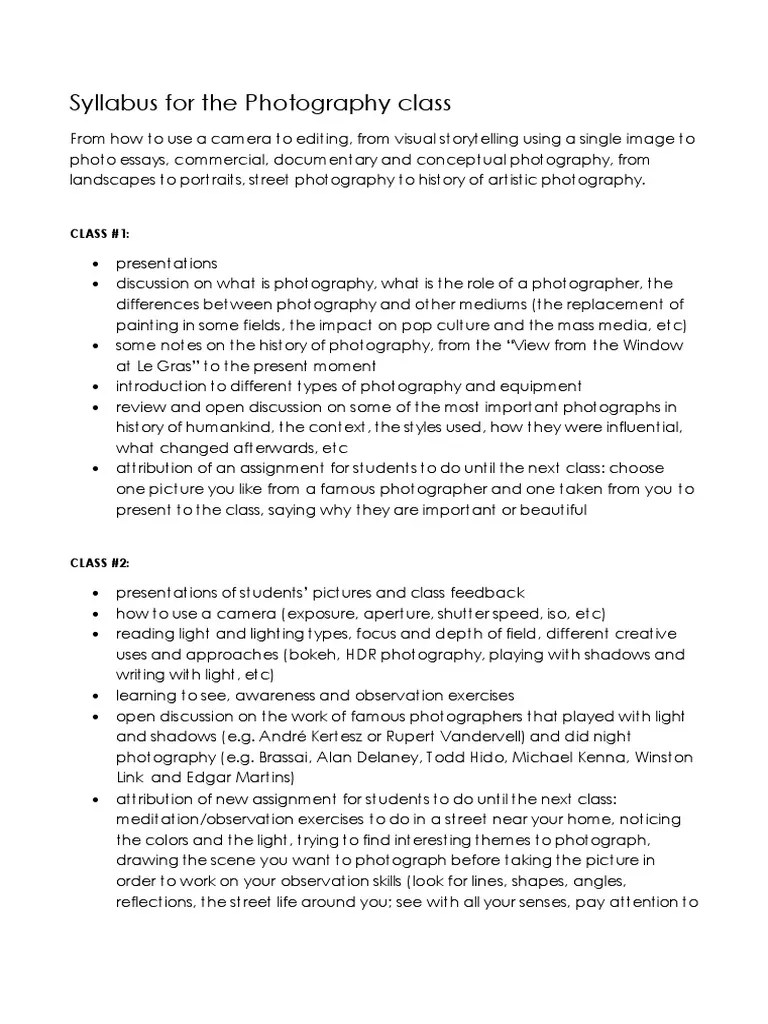 Syllabus for the Photography Class Composition (Visual Arts