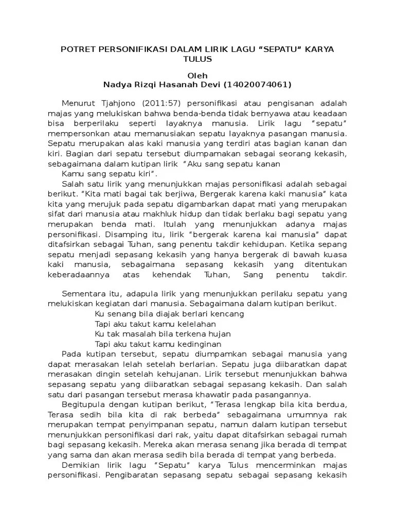 Potret Personifikasi Dalam Lirik Lagu Tulus &ldquo;Sepatu&rdquo; | PDF