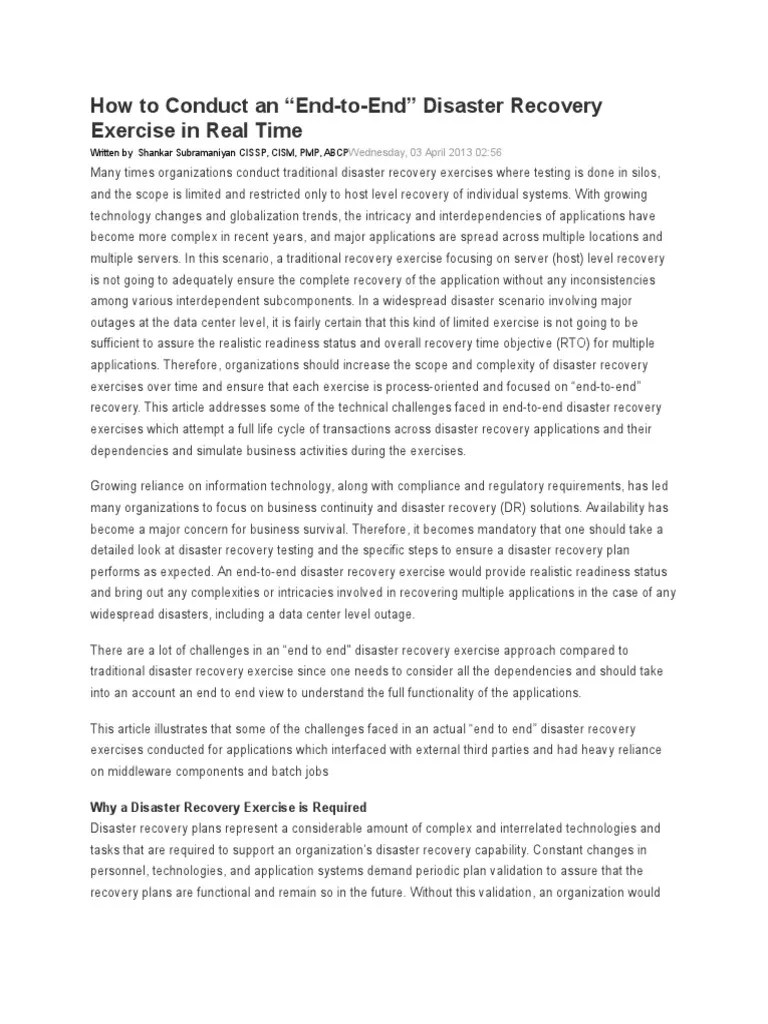 How To Conduct An "EndToEnd" Disaster Recovery Exercise in Real Time PDF Disaster Recovery