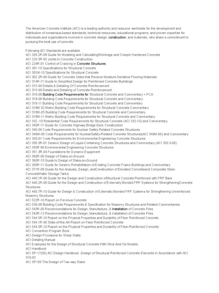 Aci Code List Reinforced Concrete Concrete
