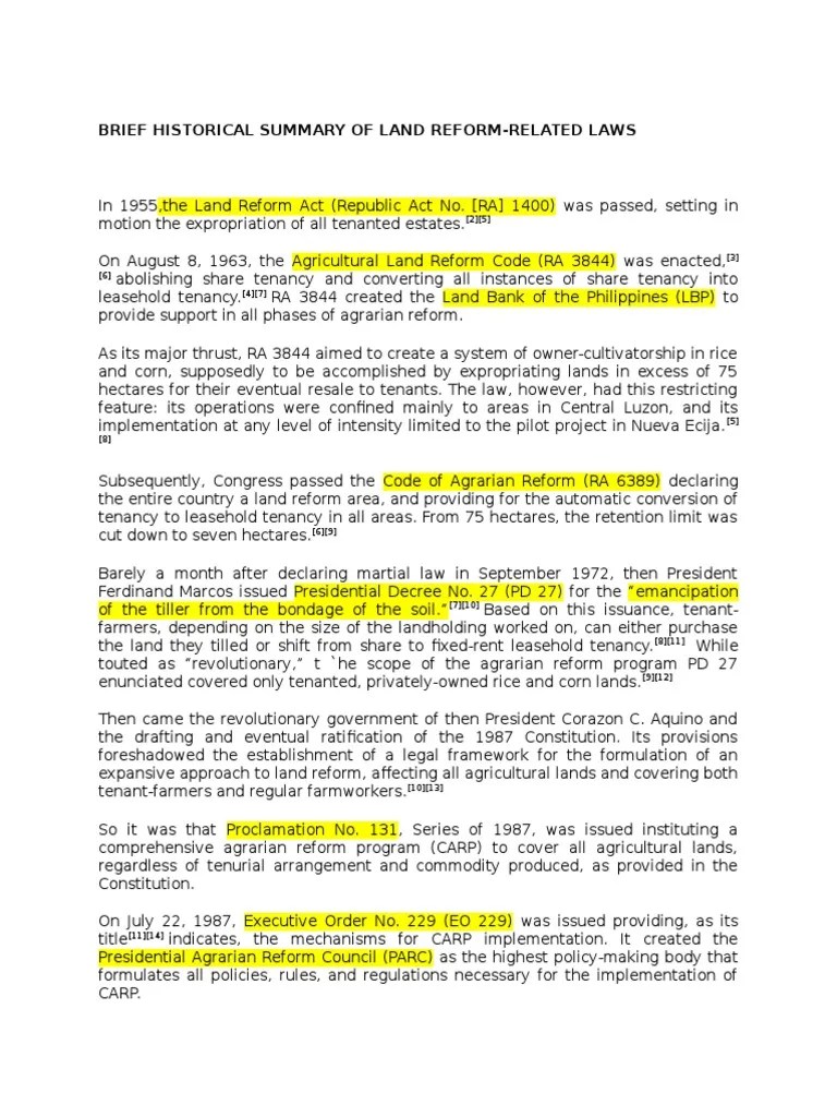 Brief Historical Summary of Land Reform Leasehold Estate Social