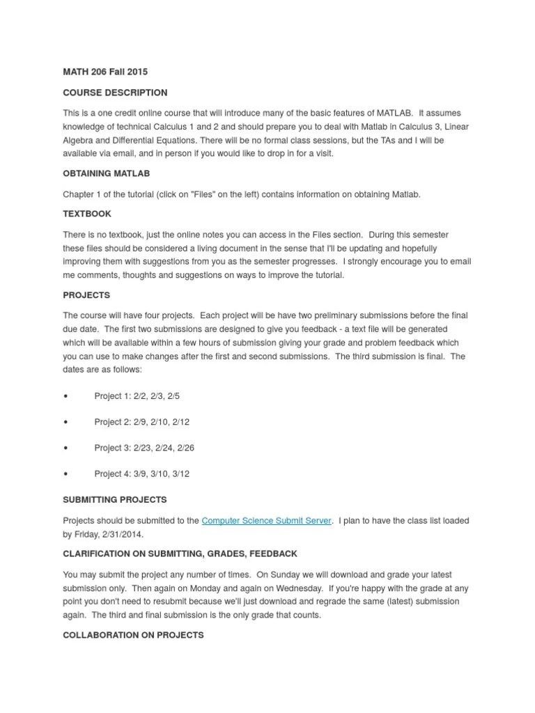 MATH 206 Fall 2015 Course Description Matlab Physics
