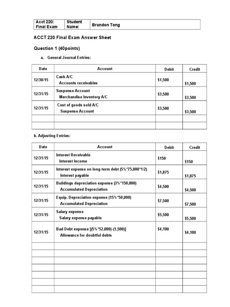 Final Exam Answer Sheet Debits And Credits Expense