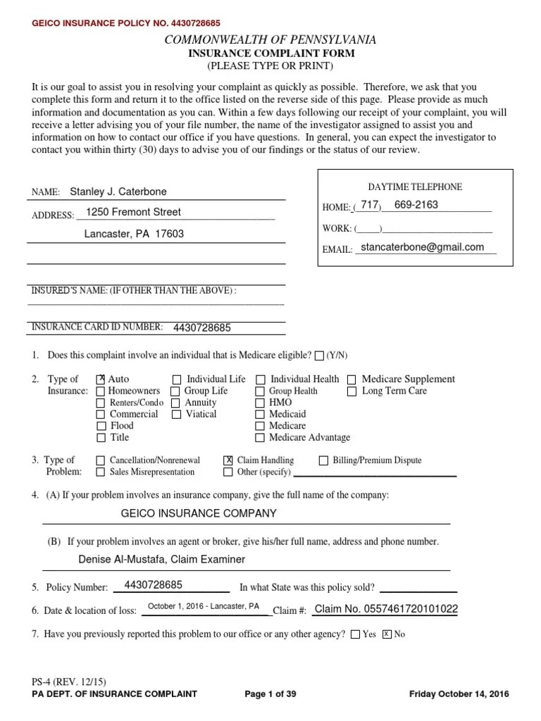 Pennsylvania Insurance Department Complaint Form 2015a Re Geico