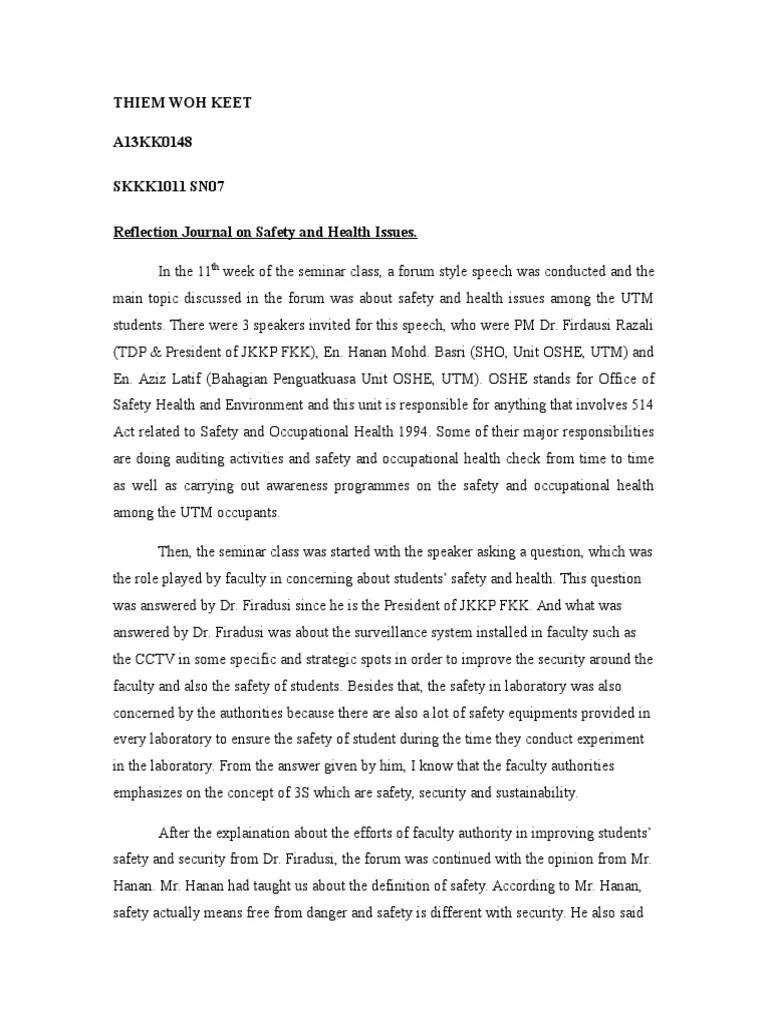Reflection Journal On Safety and Health Issues. PDF Safety