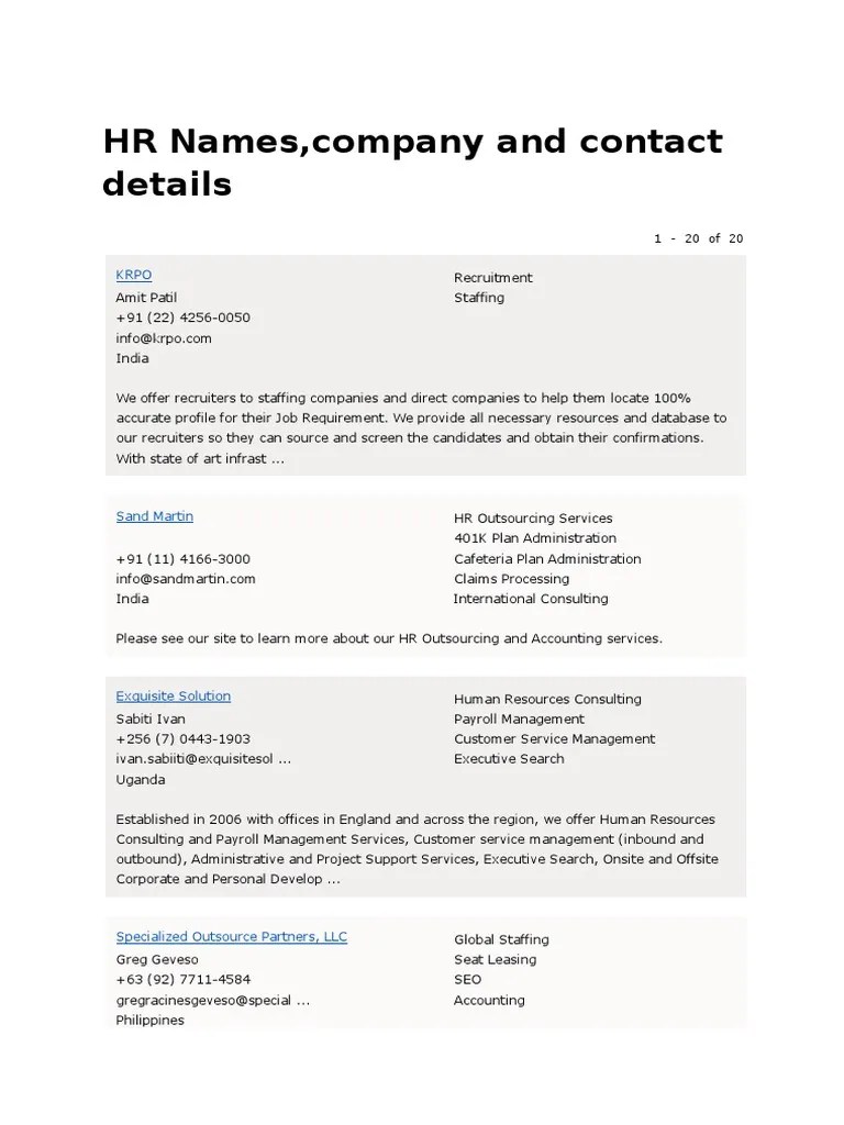 HR Contact Details Recruitment Business Process Outsourcing