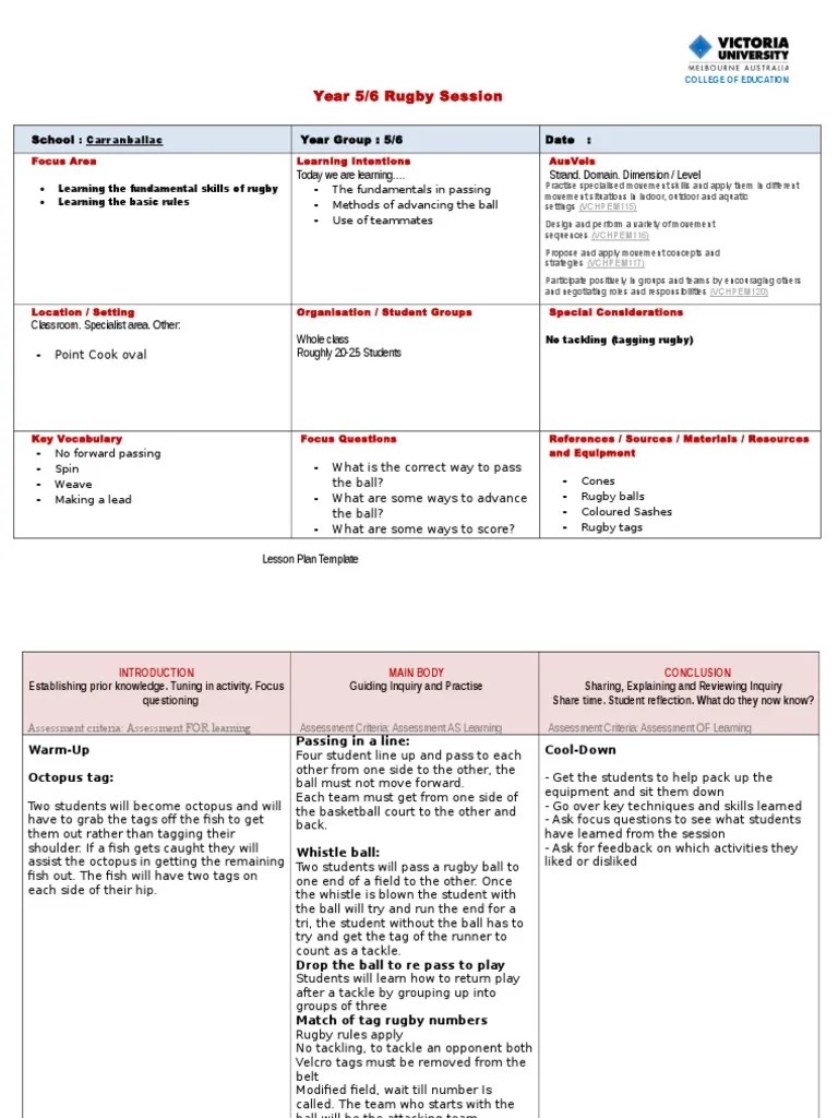rugby lessonplan 1 56 Rugby Union Educational Assessment
