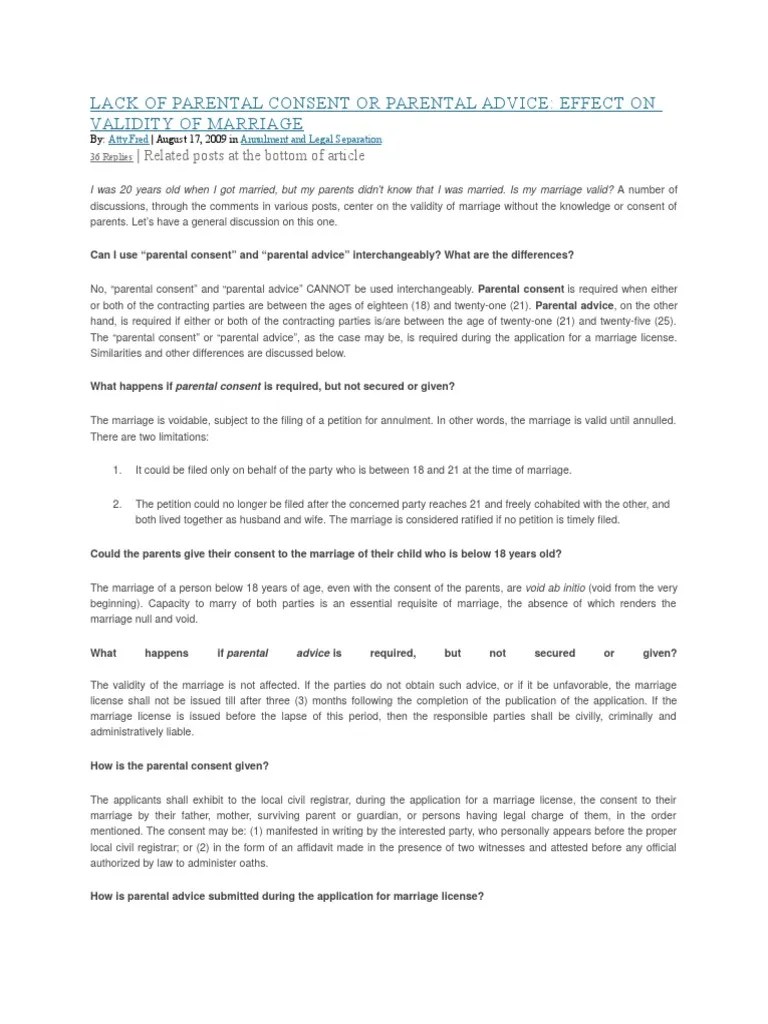 Lack of Parental Consent or Parental Advice Annulment Marriage License