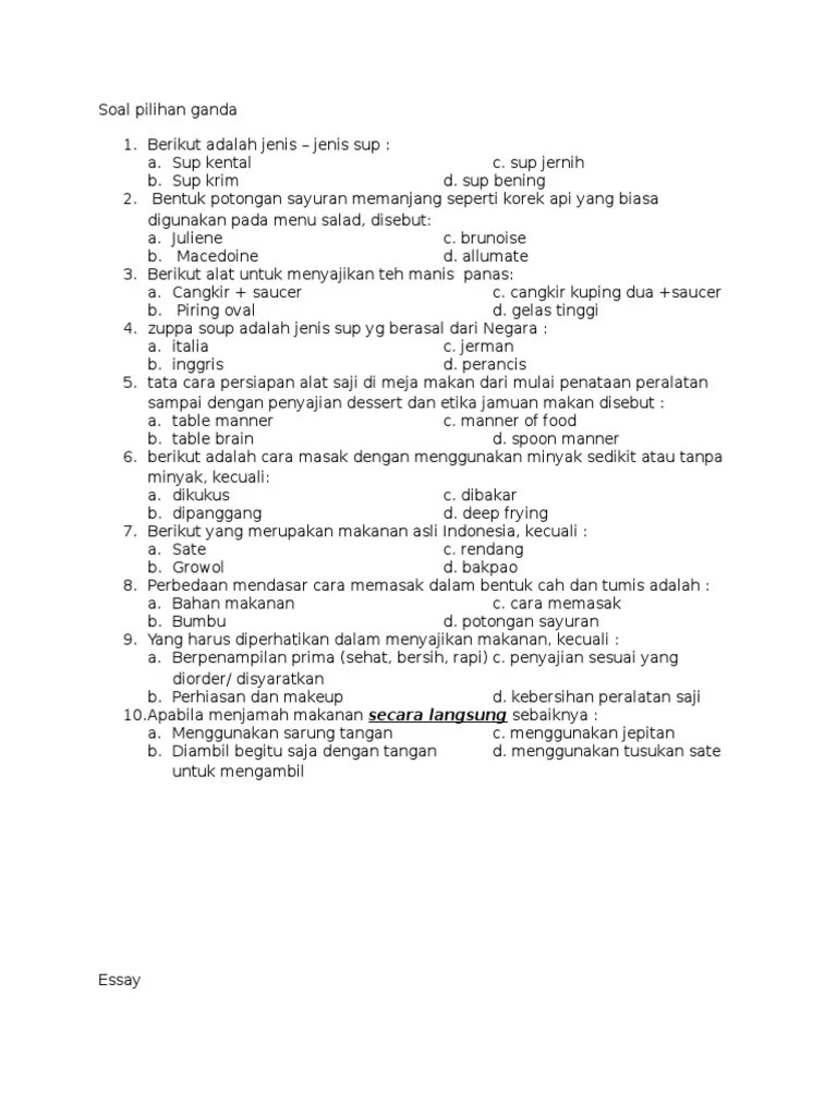 Contoh Soal Tes Kompetensi Pramusaji – Soalsiswa.com