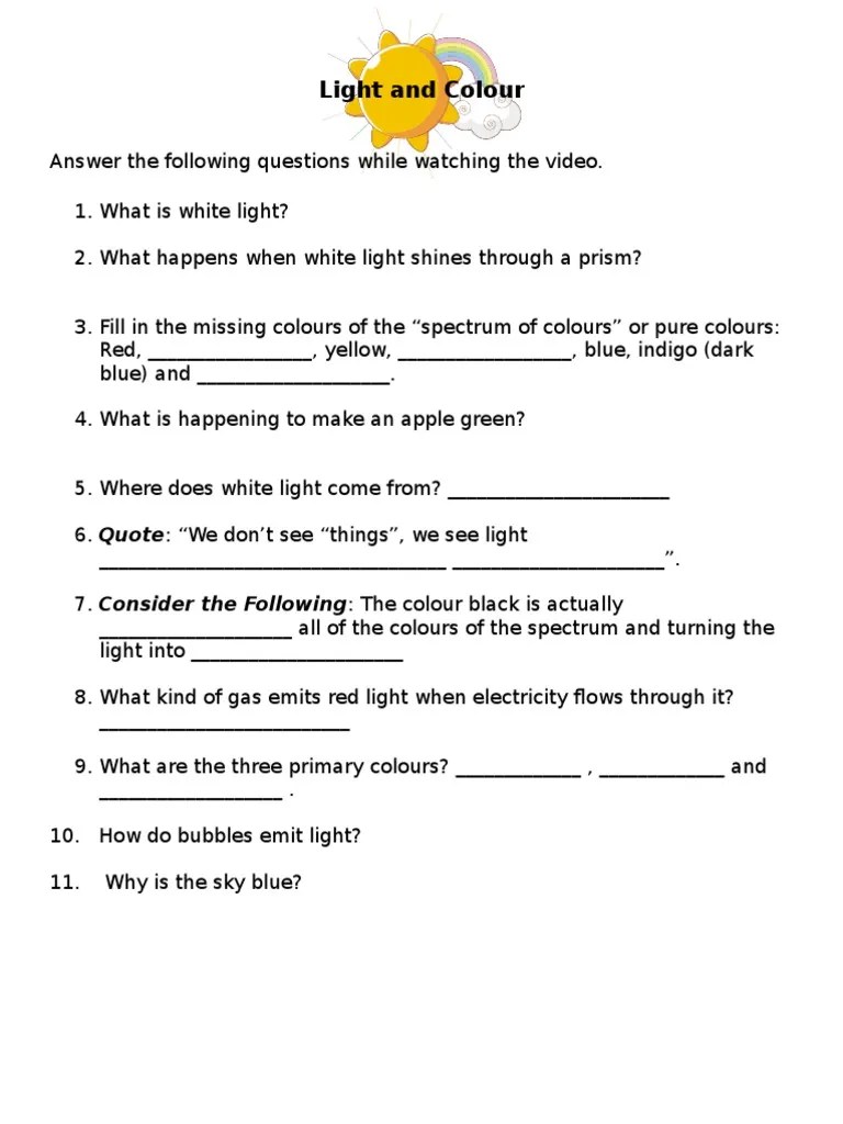 Simple Light and Color Worksheet (Bill Nye) Blue Color