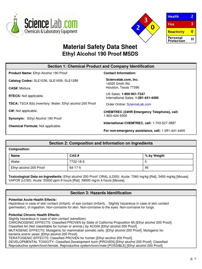 Material Safety Data Sheet Ethyl Alcohol 190 Proof MSDS PDF