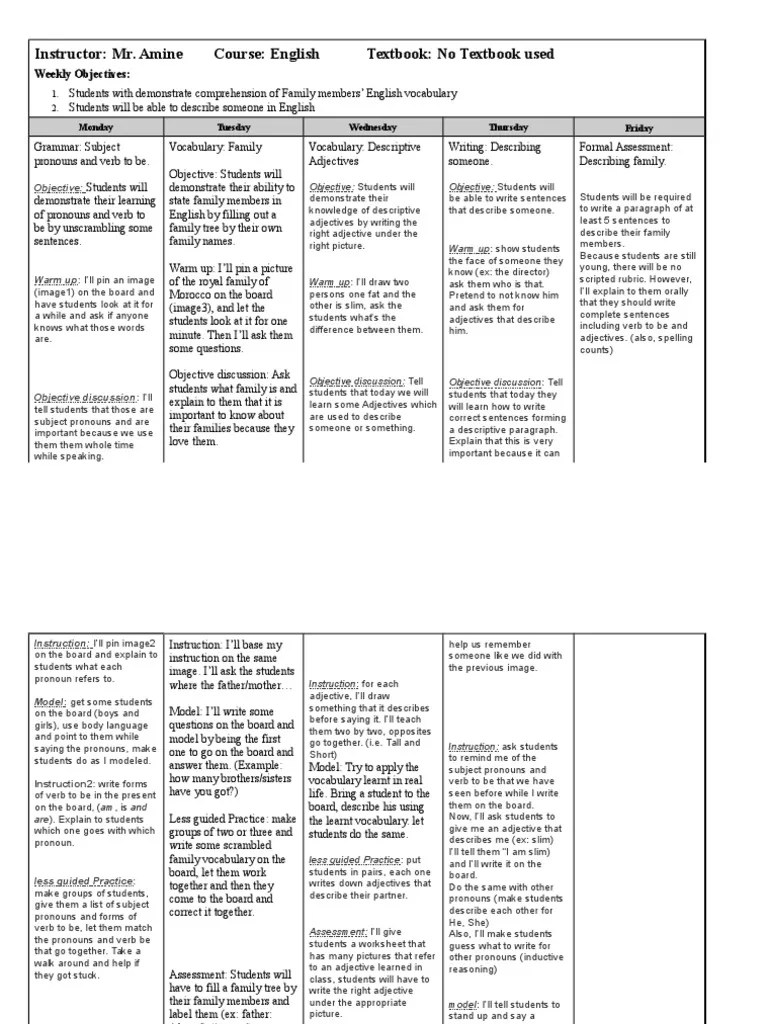 One Week Lesson Plan.template Educational Assessment Lesson Plan