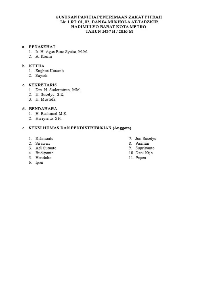 Susunan Panitia Penerimaan Zakat Fitrah 2015 | PDF