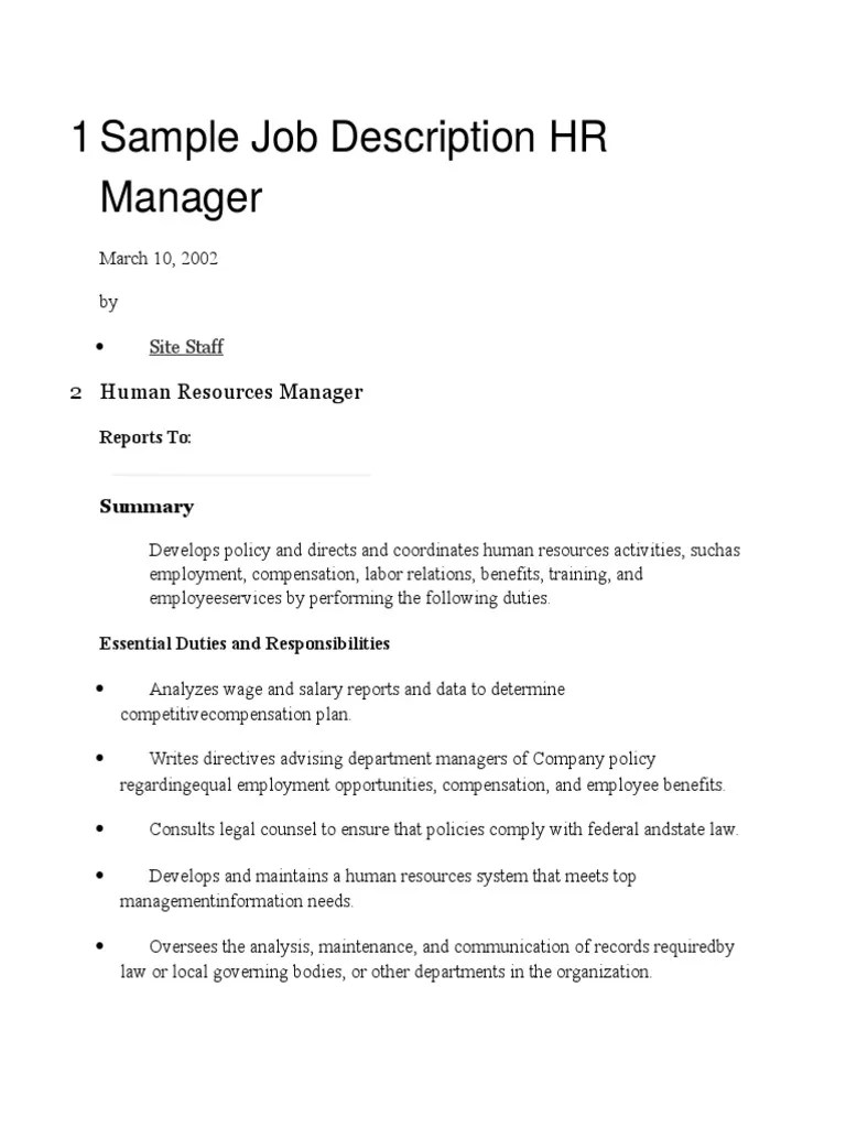 Sample Job Description HR Manager Human Resource Management Employment