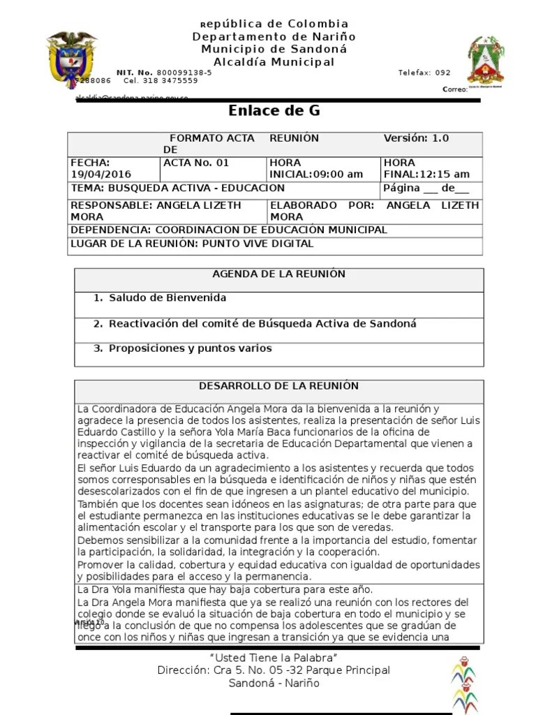 Formato Acta de Reunión Educacion PDF Jardín de infancia Cannabis