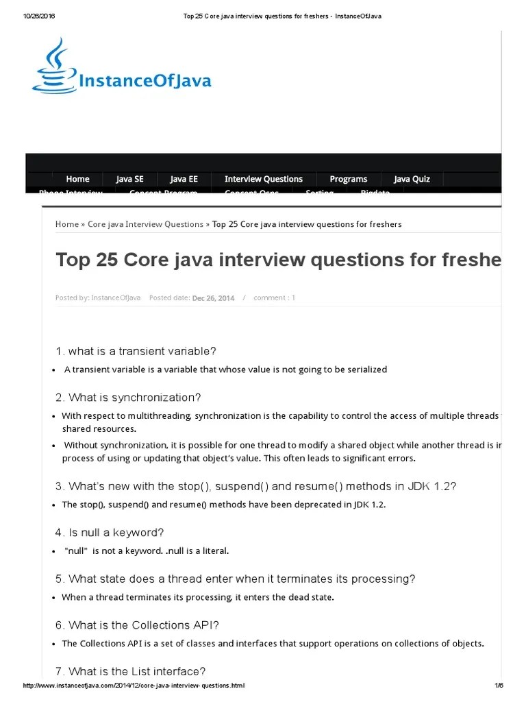 Top 25 Core Java Interview Questions for Freshers InstanceOfJava