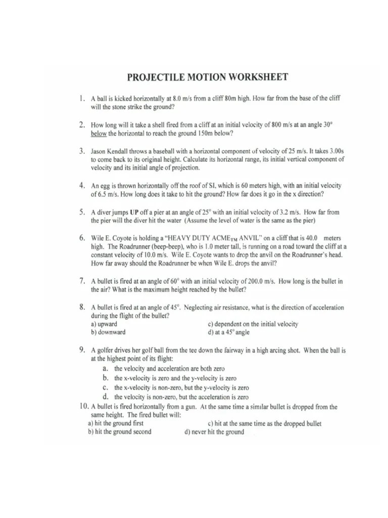 Projectile Motion Worksheet | PDF