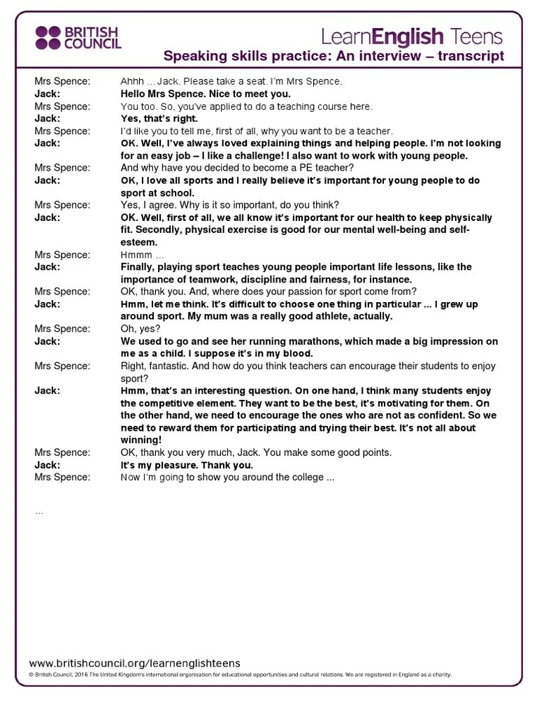Speaking skills practice An interview transcript Physical