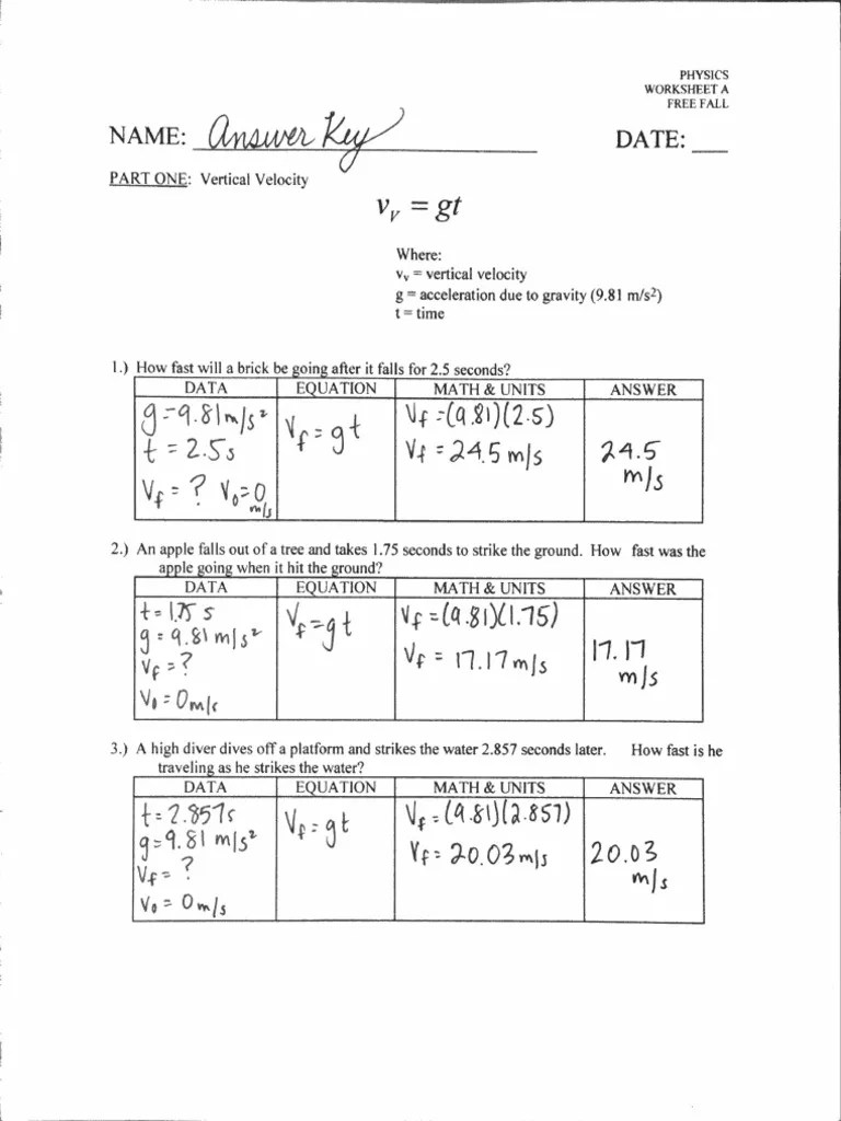 free fall worksheet t d v great answer key