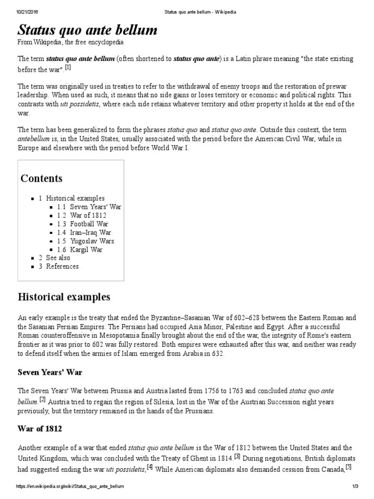 Status Quo Ante Bellum Wikipedia International Relations International Politics Free 30