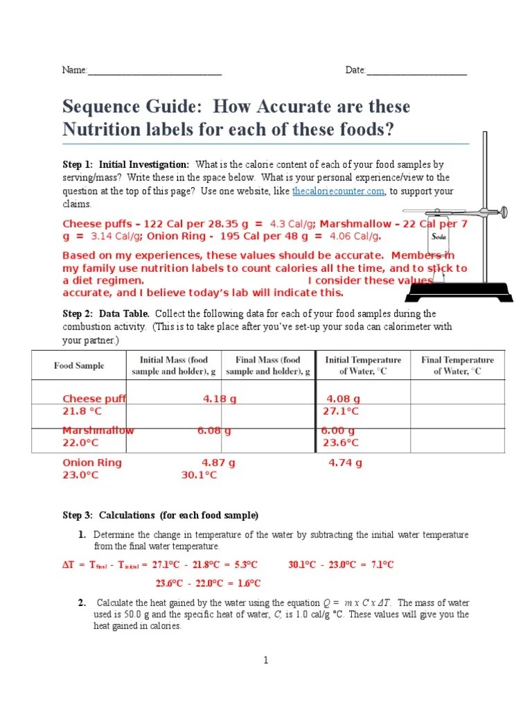 Sequence Guide Soda Can Calorimeter Student Sample PDF Food