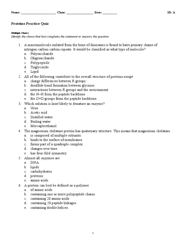 Proteins Practice Quiz Amino Acid Peptide
