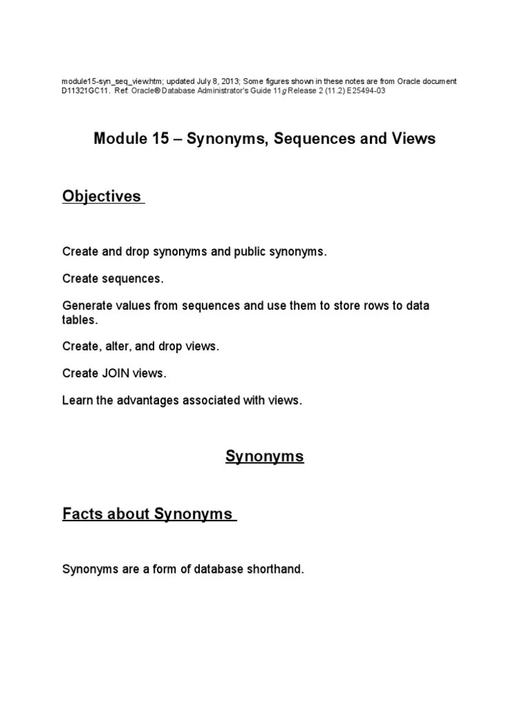 Module 15 Synonyms, Sequences and Views PDF