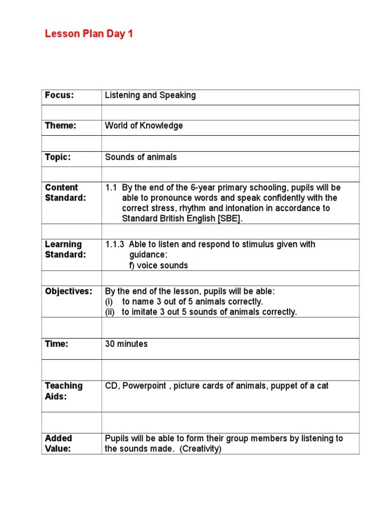 Lesson Plan Animal Sound 1 Lesson Plan Teachers