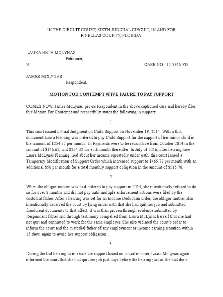 Laura Beth Fleming Motion For Contempt Five Faiure To Pay Support