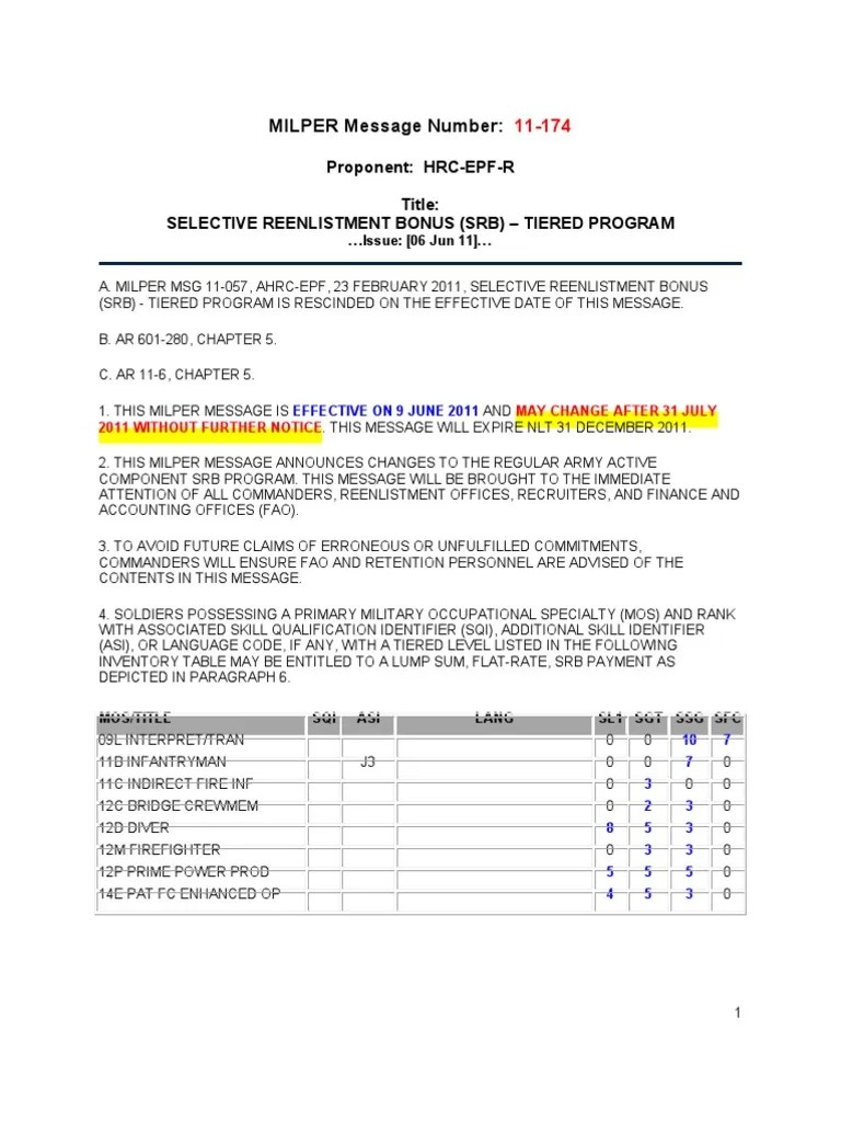 SELECTIVE REENLISTMENT BONUS (SRB) TIERED PROGRAM (MILPER Message 11
