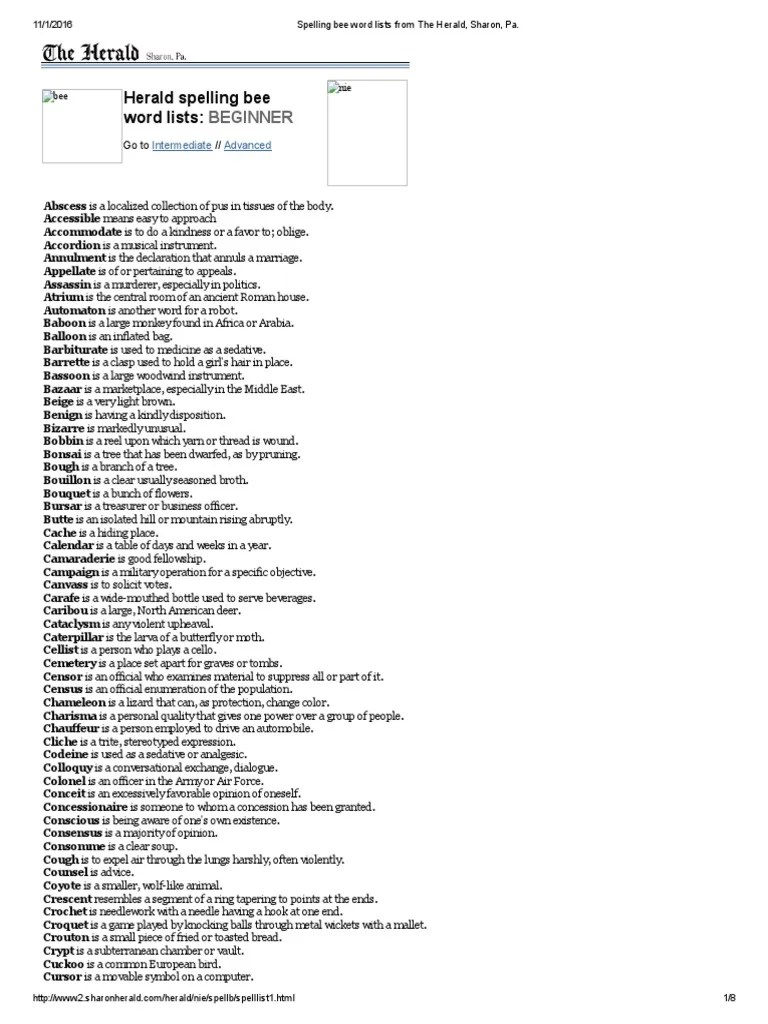 Spelling Bee Word Lists From The Herald, Sharon, Pa PDF PDF Nature(03)
