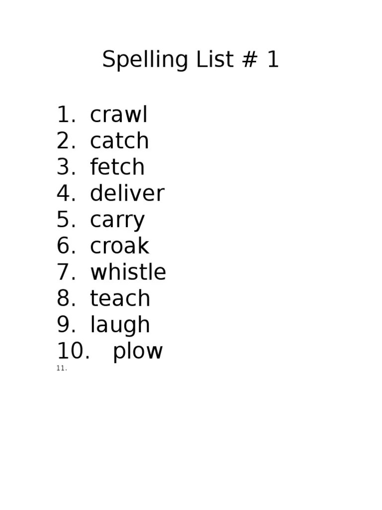 Spelling List 1 1. Crawl 2. Catch 3. Fetch 4. Deliver 5. Carry 6