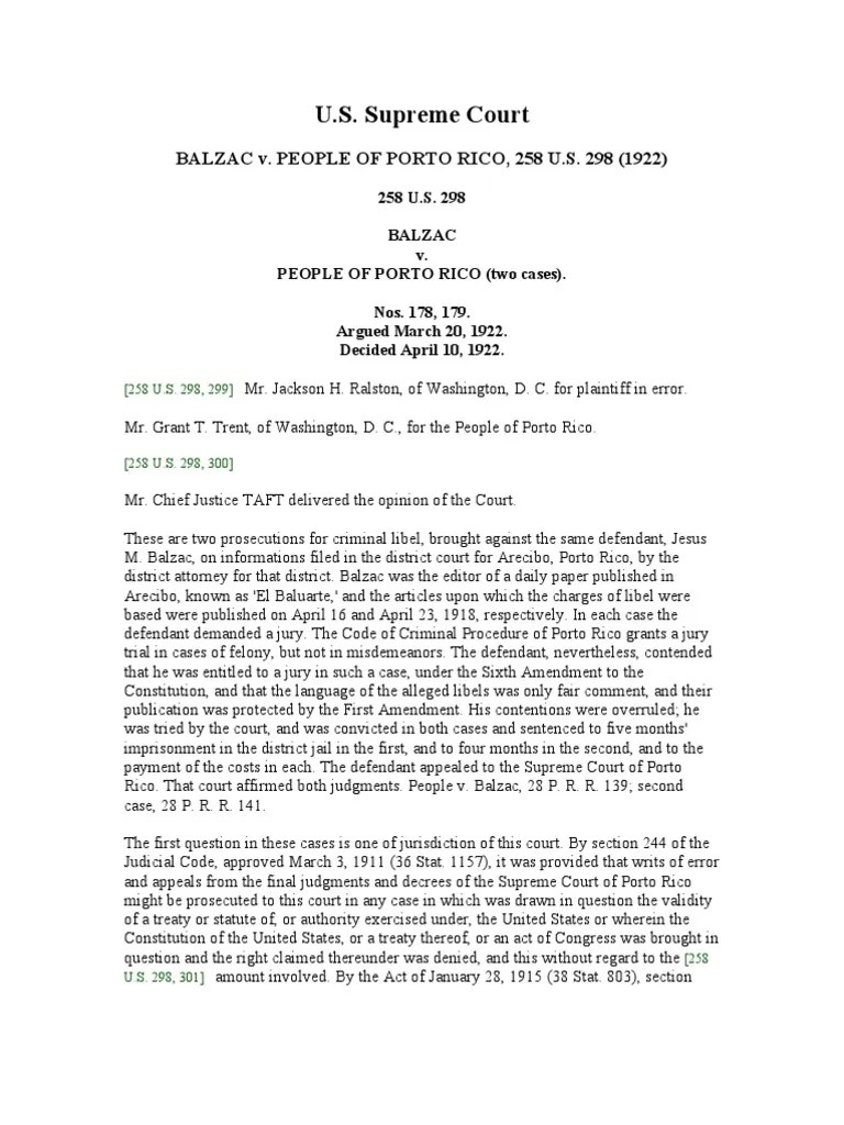 Balzac v. People of Porto Rico (1922) PDF United States Constitution U.S. State