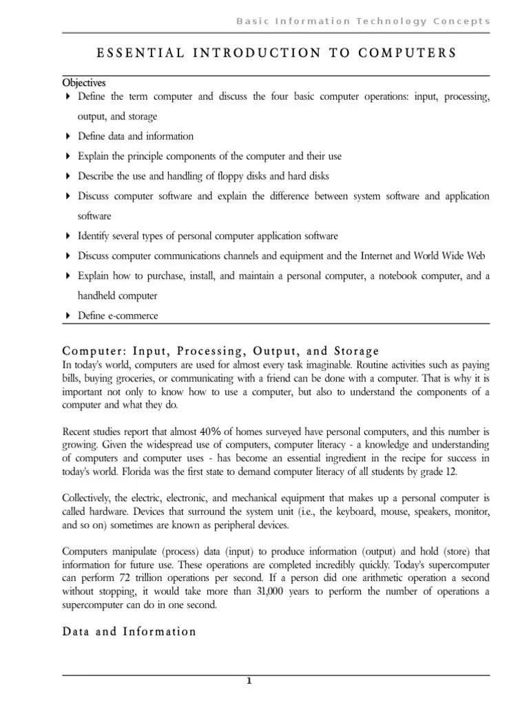 Essential Introduction To Computers Notes PDF Disk Storage
