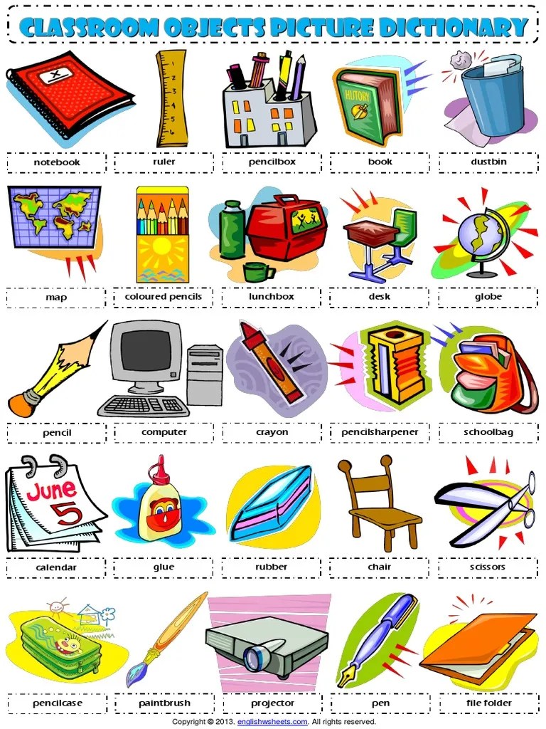 Classroom Objects Esl Vocabulary Picture Dictionary Worksheet for Kids