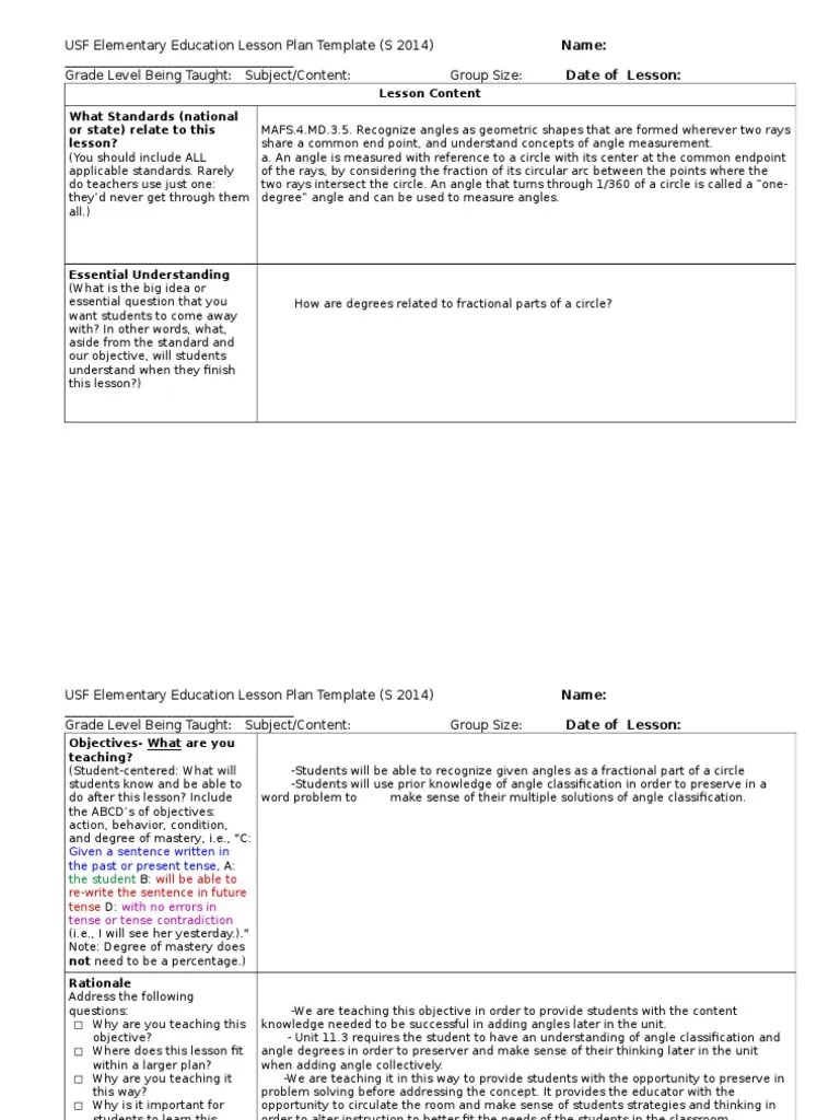 USF Elementary Education Lesson Plan Template (S 2014) Grade Level Being Taught Subject