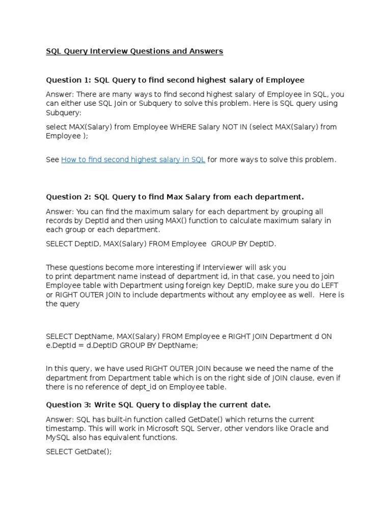 SQL Query Interview Questions and Answers Sql Data Management Software