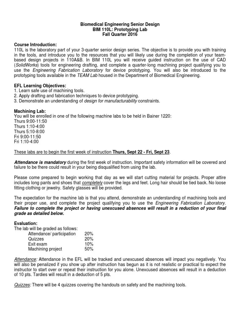 BIM 110L EFL Lab Syllabus Fall 2016 Machining