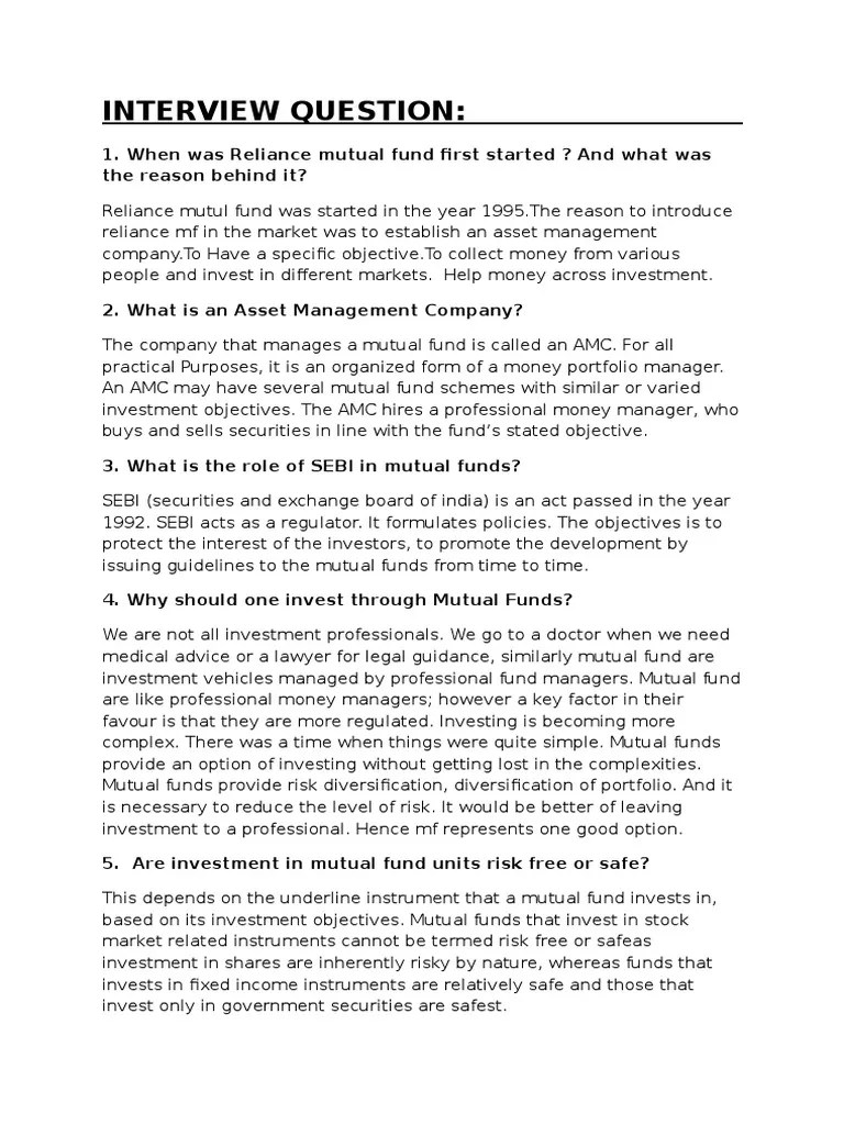 Interview Question Mutual Funds Investment Management