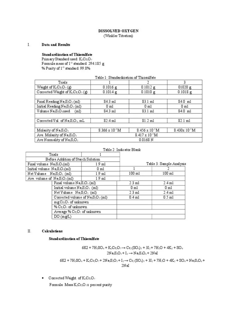 Winkler Titration Titration Chemical Elements