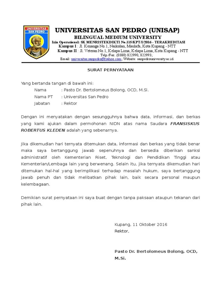 Surat Pernyataan Rektor Tentang Kelengkapan Berkas Nidn