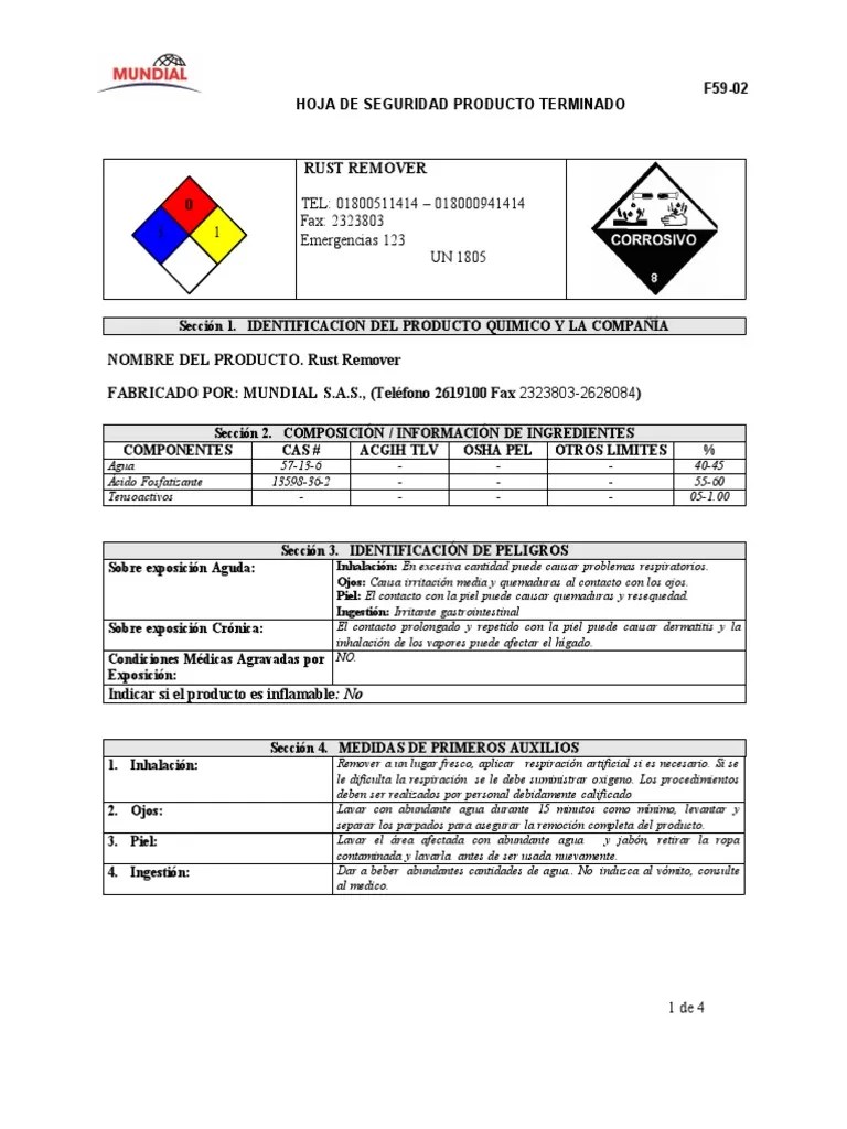 MSDS Rust Remover PDF Primeros auxilios Agua