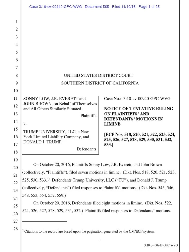 Notice of Tentative Ruling Evidence (Law) Witness